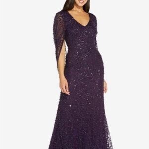 Adrianna Papell Beaded Gown with Cowl Sleeves in Amethyst